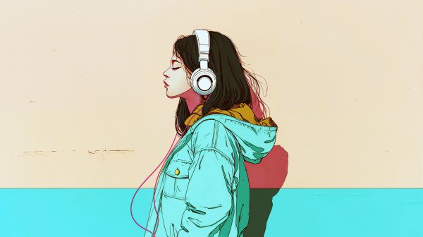 ヘッドホンで音楽聴きながら歩くクールな女の子の横顔イラスト no.8