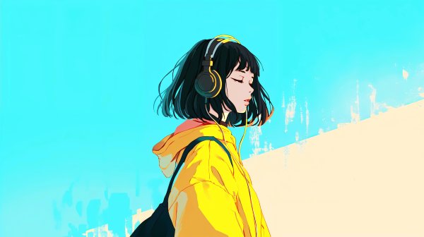 ヘッドホンで音楽聴きながら歩くクールな女の子の横顔イラスト no.9