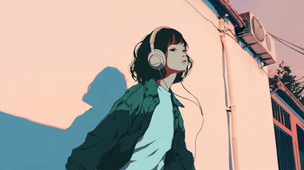 ヘッドホンで音楽聴きながら歩くクールな女の子の横顔イラスト no.10