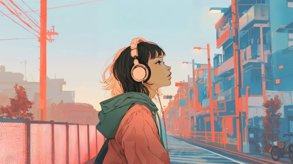 ヘッドホンで音楽聴きながら歩くクールな女の子の横顔イラスト no.11