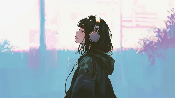ヘッドホンで音楽聴きながら歩くクールな女の子の横顔イラスト no.12