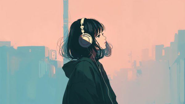 ヘッドホンで音楽聴きながら歩くクールな女の子の横顔イラスト no.14