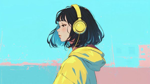 ヘッドホンで音楽聴きながら歩くクールな女の子の横顔イラスト no.15