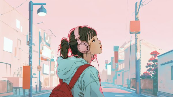 ヘッドホンで音楽聴きながら歩くクールな女の子の横顔イラスト no.16
