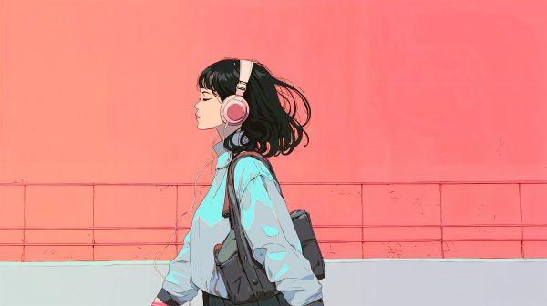 ヘッドホンで音楽聴きながら歩くクールな女の子の横顔イラスト no.17