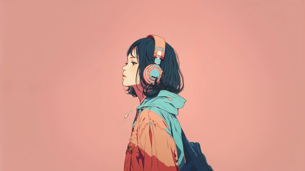 ヘッドホンで音楽聴きながら歩くクールな女の子の横顔イラスト no.18