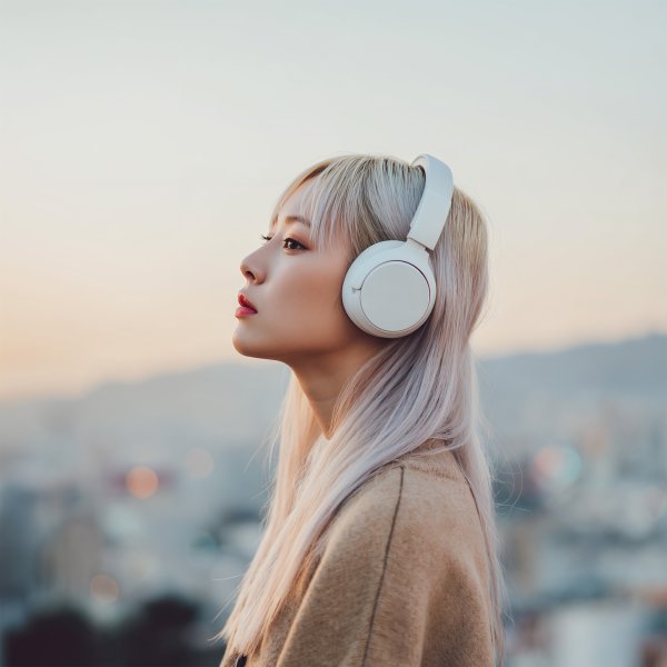 夕焼けに染まる都会をヘッドホンをつけて眺める女性の横顔 no.1