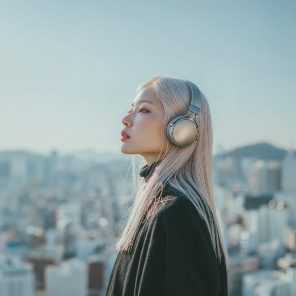 夕焼けに染まる都会をヘッドホンをつけて眺める女性の横顔 no.3