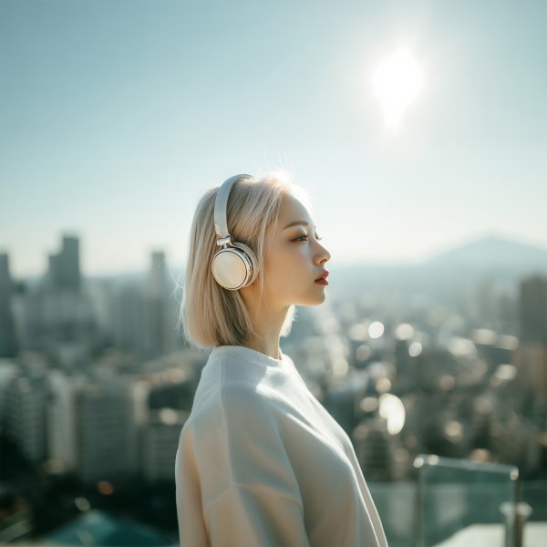 夕焼けに染まる都会をヘッドホンをつけて眺める女性の横顔 no.6