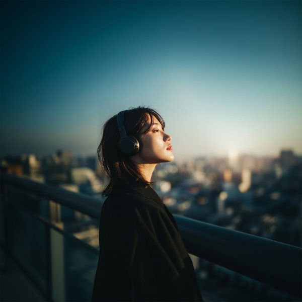 ヘッドホンをして都会の風景を眺める女性の横顔 no.1