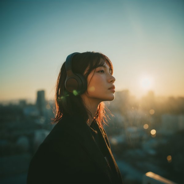 ヘッドホンをして都会の風景を眺める女性の横顔 no.4