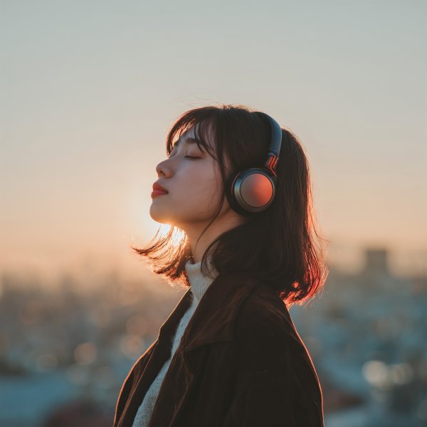 ヘッドホンをして都会の風景を眺める女性の横顔 no.5