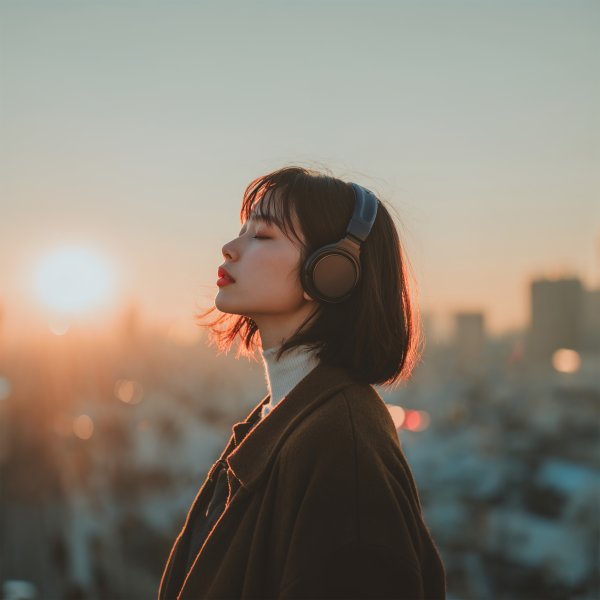 ヘッドホンをして都会の風景を眺める女性の横顔 no.6