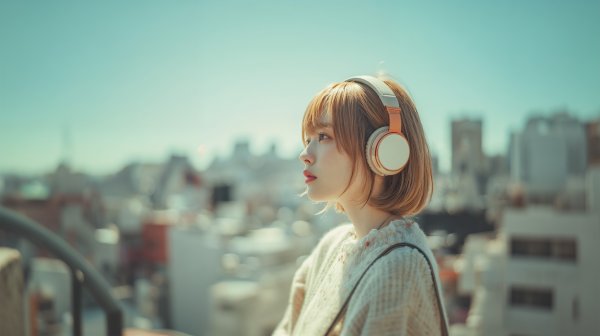 ヘッドホンで音楽を聴きながら都会を眺める女性 no.3