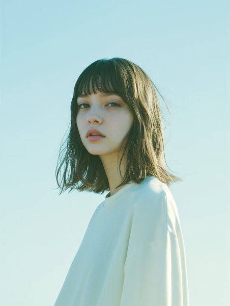 あおい空の下に立つ透明感のある女性のポートレート写真 no.1
