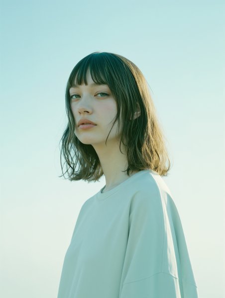 あおい空の下に立つ透明感のある女性のポートレート写真 no.2