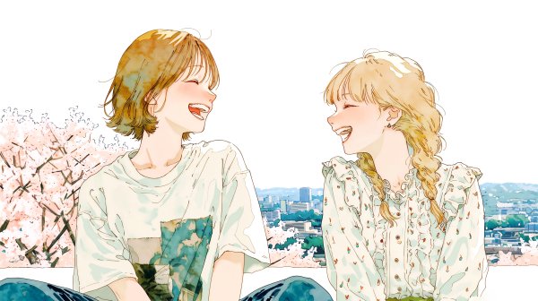 桜の咲く都会の街で笑い合う女の子二人のイラスト no.2