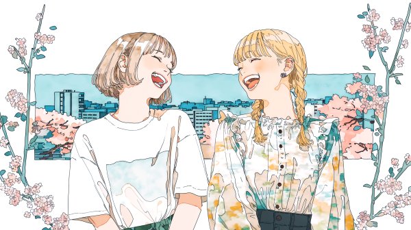 桜の咲く都会の街で笑い合う女の子二人のイラスト no.3