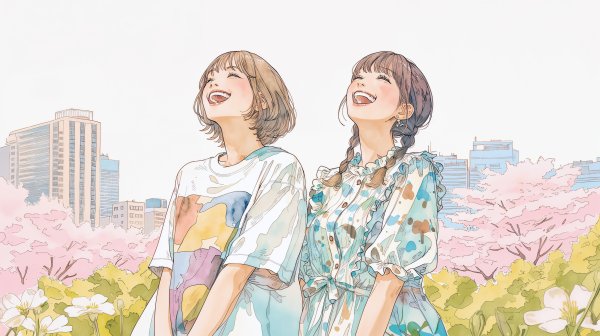 桜の咲く都会の街で笑い合う女の子二人のイラスト no.5