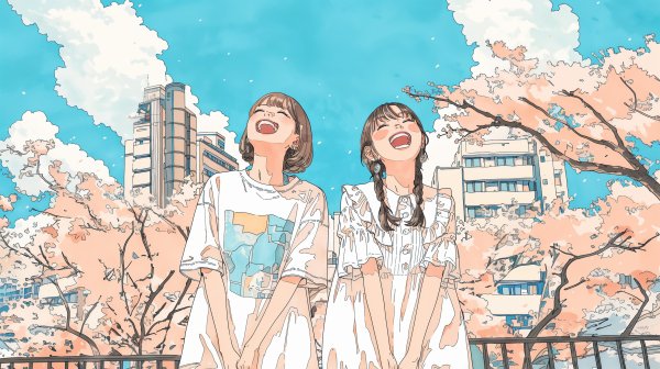 桜の咲く都会の街で笑い合う女の子二人のイラスト no.7