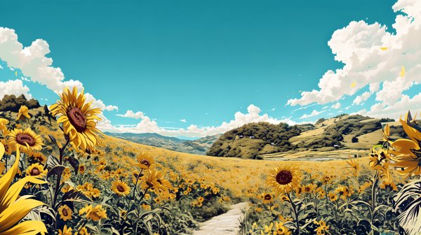 青い夏の空とたくさんの向日葵が咲く風景イラスト no.2