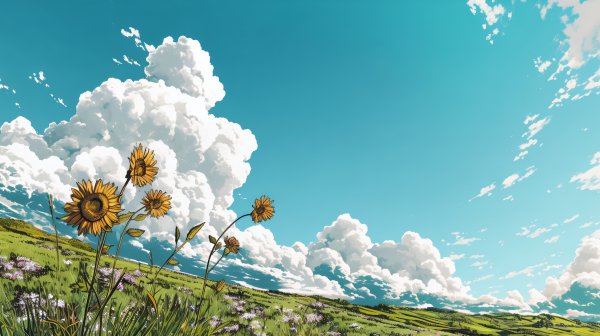 青い夏の空とたくさんの向日葵が咲く風景イラスト no.3