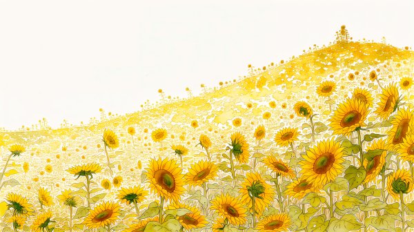 青い夏の空とたくさんの向日葵が咲く風景イラスト no.4