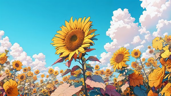青い夏の空とたくさんの向日葵が咲く風景イラスト no.5