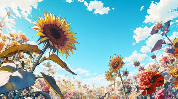青い夏の空とたくさんの向日葵が咲く風景イラスト no.6