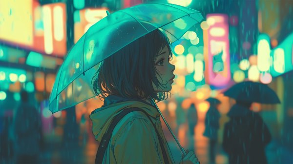雨の降る都会の街を傘をさして歩く女の子 no.1