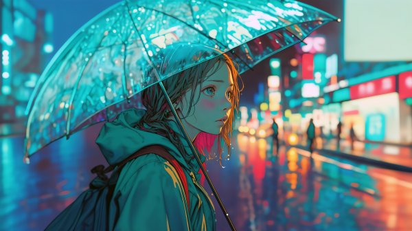 雨の降る都会の街を傘をさして歩く女の子 no.2