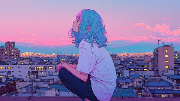 屋上から街の夜景と夕空を眺める女の子のエモいイラスト no.1