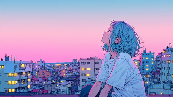 屋上から街の夜景と夕空を眺める女の子のエモいイラスト no.2