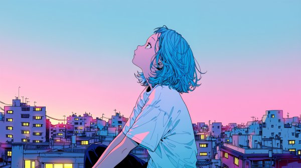屋上から街の夜景と夕空を眺める女の子のエモいイラスト no.3