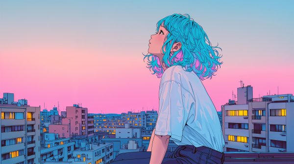 屋上から街の夜景と夕空を眺める女の子のエモいイラスト no.4