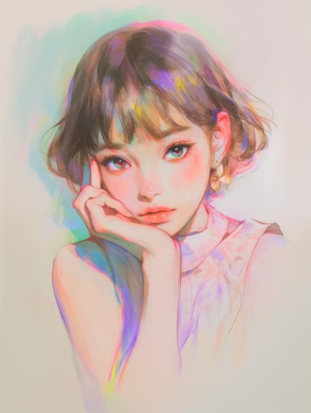 頬杖をついてカメラを見つめる女性のポートレート水彩イラスト