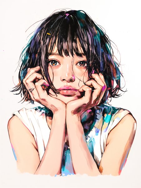 頬杖をついてカメラを見つめる若い女性のイラスト no.1