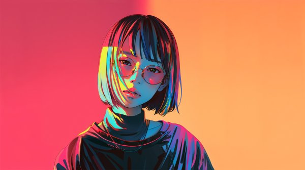 光のアートの中に立つ若い女性のポートレートイラスト no.2