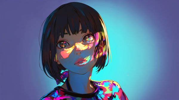 光のアートの中に立つ若い女性のポートレートイラスト no.4