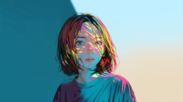 光のアートの中に立つ若い女性のポートレートイラスト no.5