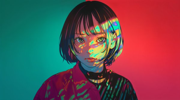 光のアートの中に立つ若い女性のポートレートイラスト no.8