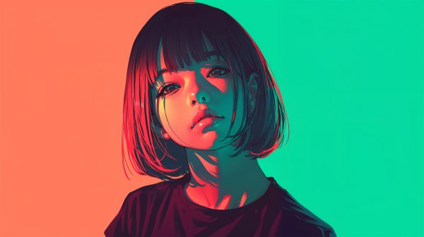 ビビットな光の中でカメラを見る若い女性のイラスト no.1