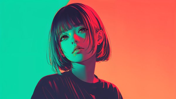 ビビットな光の中に立つ若い女性のイラスト no.2