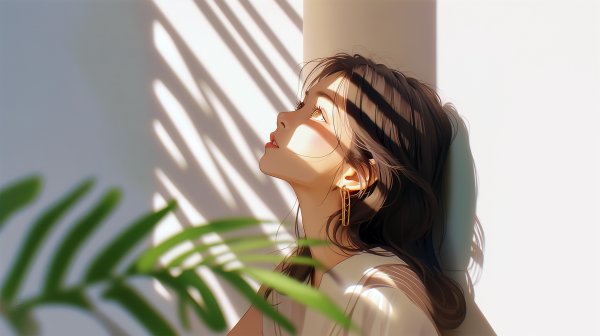 窓から差し込む光と影の下で上を見上げる女性の横顔 no.1