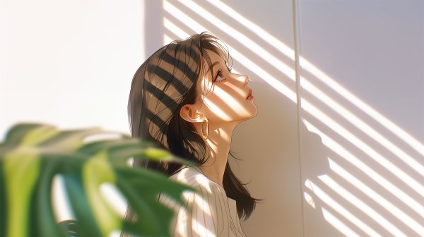 窓から差し込む光と影の下で上を見上げる女性の横顔 no.3