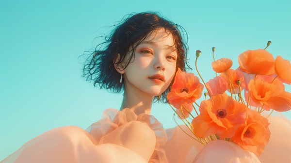 シアードレスを着てポピーの花を持つ美しい女性のポートレート写真風 no.2