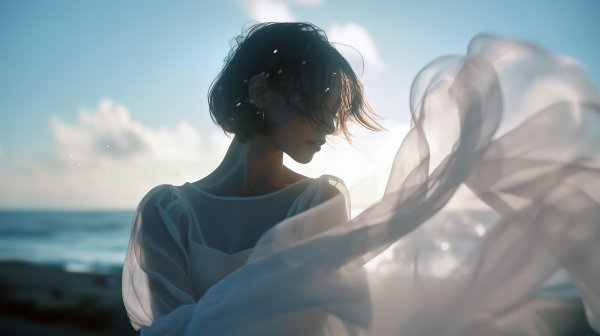 海辺に立つシアードレスを着た女性のポートレート写真風 no.1