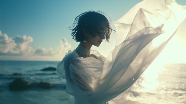 海辺に立つシアードレスを着た女性のポートレート写真風 no.4