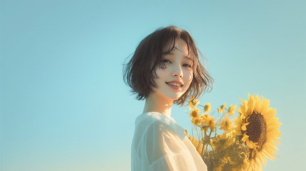 ひまわりを持って笑う女性のポートレート写真風 no.1