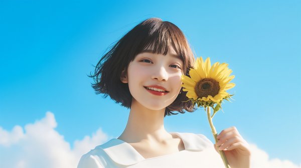 ひまわりを持って笑う女性のポートレート写真風 no.2